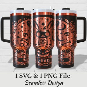 May include: Three copper-colored travel mugs with black handles and lids. Each mug features a Halloween-themed design with a rabbit skeleton, pumpkins, and the words "HAR" and "E-RAISING". The mugs are decorated with stars, bones, and other spooky elements.