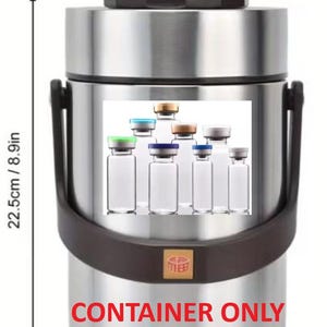 May include: A cylindrical stainless steel container with a dark brown handle and lid, measuring 5.5 inches in width and 8.9 inches in height. The front features a graphic of seven clear glass vials with colored caps and the text CONTAINER ONLY.
