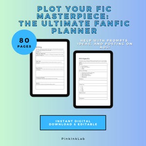 Puede incluir: Dos tabletas negras muestran un planificador de fanfics con indicaciones e ideas. El texto dice "Plot Your Fic Masterpiece: The Ultimate Fanfic Planner". Un círculo azul indica 80 páginas. El texto inferior dice "Descarga digital instantánea y editable."