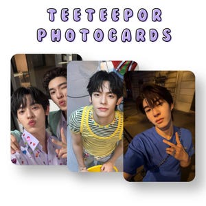 May include: Three rectangular photocards labeled TEETEEPOR PHOTOCARDS. The first shows two individuals, one in a light purple heart-patterned shirt. The second features an individual in a yellow striped tank top. The third shows an individual in a blue shirt.