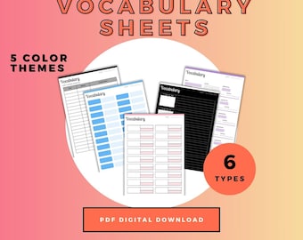 Hojas de vocabulario para aprender idiomas / 6 tipos (Descarga digital)