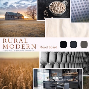 Peut inclure: Un mood board intitulé « Rural Modern » avec une palette de couleurs noire, grise et dorée. Le tableau comprend des images d'un bâtiment rustique, d'un champ de blé, de haricots et d'une cuisine moderne. Le texte « Rural Modern » est affiché.