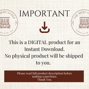 May include: Cream-colored digital product announcement with the text "IMPORTANT" and a download icon. The text states it's a digital product for instant download, with no physical product shipped. Includes a circular logo.