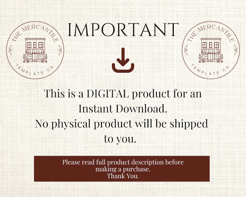 May include: Cream-colored digital product announcement with the text "IMPORTANT" and a download icon. The text states it's a digital product for instant download, with no physical product shipped. Includes a circular logo.