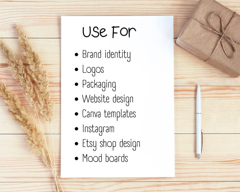 May include: A white sheet of paper with the words "Use For" and bullet points listing uses for brand identity, logos, packaging, website design, Canva templates, Instagram, Etsy shop design, and mood boards. A pen and gift box are also visible.