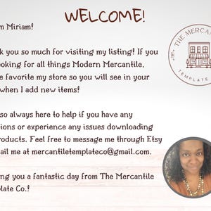 May include: A welcome message from The Mercantile Template Co. is displayed on a white background with brown text. The text includes a greeting, a thank you, and contact information. A circular logo and a photo of a woman are also included.