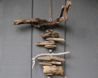 Driftwood Mobile With Blue and White Owl Beads-D2392