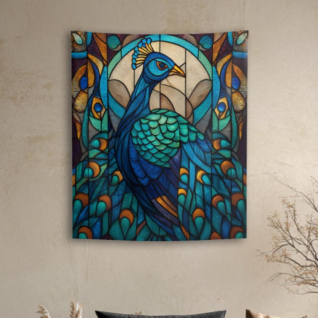 Stained Glass Window Peacock Tapestry - Elegant Bird, Wall Hanging ...