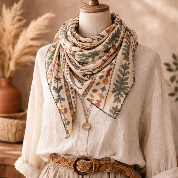 Boho Heritage Art Scarf: Poly Chiffon or Voile - Nature Pattern