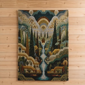 Forest Cascade Woven Tapestry Wall Hanging | Boho Rustic Earth Art Decor | Mountain River Landscape