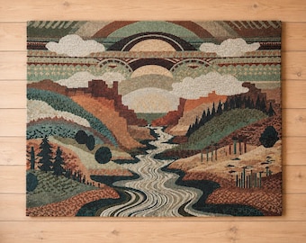 May include: A rectangular wall hanging featuring a woven landscape scene with a central winding river, layered canyon rock formations in shades of rust and brown, evergreen trees, and a stylized sky with arched bands and white clouds.