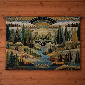 May include: A rectangular wall tapestry featuring a detailed landscape scene with a central river flowing through a dense forest of pine trees. The design includes a golden sun, layered mountain ranges, and a dark blue sky with a decorative arch.