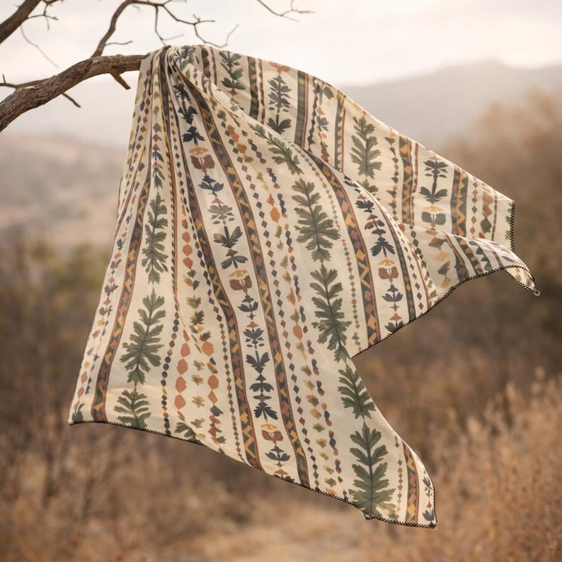 Boho Heritage Art Scarf: Poly Chiffon or Voile - Nature Pattern image 4