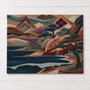 Peut inclure: Une tapisserie murale rectangulaire représentant un paysage détaillé avec des montagnes superposées, des conifères et un océan bleu foncé aux vagues déferlantes. L'art textile utilise une palette de fils rouge foncé, marron, beige et bleu.