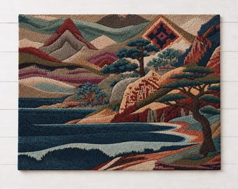 May include: A rectangular wall tapestry featuring a detailed landscape scene with layered mountains, evergreen trees, and a dark blue ocean with rolling waves. The textile art uses a palette of deep red, brown, tan, and blue threads in a textured finish.