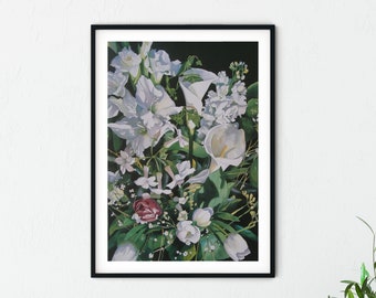 Weiße Blumen Kunstdruck, Blumenstrauß Kunst, Natur Wohnkultur, Stillleben Wandkunst, botanischer Aquarell Druck, Blumen Aquarell Malerei