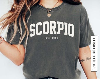 Camiseta personalizada de Escorpio, regalo para el signo zodiacal Escorpio, camiseta personalizada con año de nacimiento estimado, camiseta de colores cómodos con horóscopo y astrología del zodíaco