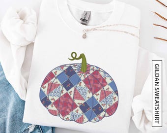 Floral Patchwork Kürbis Sweatshirt Kariert Faux Stickerei Quilt Pullover Herbst Vibes Boho Kürbis Gruselig Saison Gildan Sweatshirt