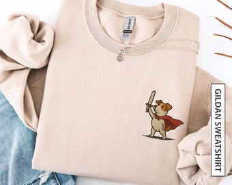 Medieval Jack Russell Terrier Dog with Sword Sweatshirt Gift for Dog Lover Faux Embroidery Look Cosplay Renaissance Faire Gildan Sweatshirt