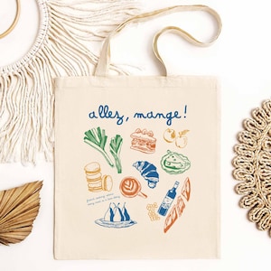 Trendy French Food Tote Bag Gift Croissant Patisserie Baguette Allez, Mange! Reusable Shopping Bag Eco Friendly Cotton Canvas Tote Bag