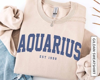 Custom Aquarius Sweatshirt Gift for Astrology Lover Sweater Personalized Est Birth Year Zodiac Horoscope Blue Unisex Gildan Sweatshirt