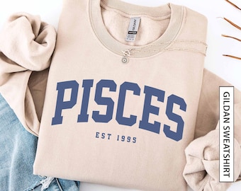 Custom Pisces Sweatshirt Gift for Astrology Lover Sweater Personalized Est Birth Year Zodiac Horoscope Blue Unisex Gildan Sweatshirt