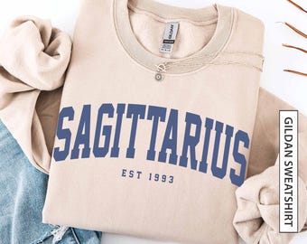 Custom Sagittarius Sweatshirt Gift for Astrology Lover Sweater Personalized Est Birth Year Zodiac Horoscope Blue Unisex Gildan Sweatshirt