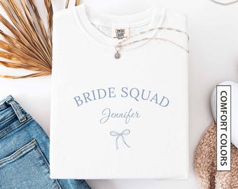 CUSTOM Coquette Bow Bride Squad Shirt Bridal Party Gift Minimalist Bridesmaid Shirt for Bachelorette Party Shirt Blue COMFORT COLORS T-Shirt
