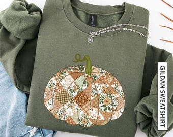 Vintage Patchwork Kürbis Sweatshirt Floral Faux Stickerei Patchwork Effekt Retro Cottage Autumncore Bauernhaus Gildan Sweatshirt