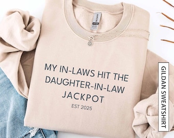 Grappig aangepaste schoondochtersweater cadeau voor schoondochter gepersonaliseerde EST-jaar jackpot uniseks zware mix Gildan-sweater