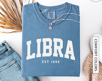 Maglietta Bilancia personalizzata, regalo per il segno zodiacale Bilancia, maglietta personalizzata con anno di nascita stimato, zodiaco, astrologia, oroscopo, colori comodi.