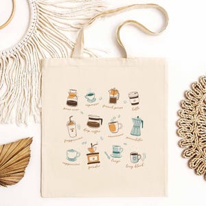 Vintage Coffee Tote Bag Gift for Coffee Lover Gift Coffee Elements Drawing Barista Espresso Cappuccino Eco Friendly Cotton Canvas Tote Bag