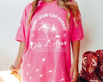 Camiseta vintage de vacaciones francesas, regalo para ella, camiseta de vacaciones de verano para vacaciones en la playa de la Riviera Francesa, camiseta con estampado de palmeras, colores cómodos.