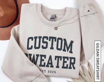 Sudadera con texto personalizado, nombre personalizado en la manga, fuente cursiva, cita, universidad, ciudad, unisex, sudadera pesada