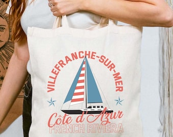 Bolso tote francés para vacaciones de verano en la playa. Bolso de playa de la Riviera Francesa. Estética Costa Azul. Bolso tote reutilizable de lona de algodón.