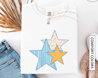 Patchwork Stars Faux Embroidery Shirt for Memorial Day Independence Day 4th July Shirt with Stars Stripes and Floral COMFORT COLORS T-Shirt