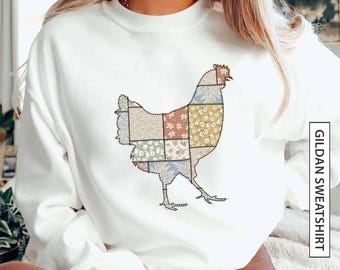 Colorful Chicken Patchwork Sweatshirt With Chicken Pastel Floral Faux Embroidery Patchwork Effect Farmhouse Style Gildan Sweatshirt