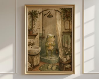 Funny Frog Shower Print | Cottagecore Bathroom Wall Art | Whimsical Frog Printable | Digital Download