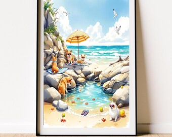 Beach Corgi Wall Art – Coastal Dog Print | Summer Ocean Decor | Cute Dog Lover Gift | Digital Download