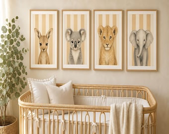 Nursery Wall Art Set of 4, Kangaroo Koala Elephant Lion Cub,  Safari Nursery Art, Watercolor Animal Prints, Boho Nursery (Digital Download)