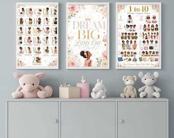 Black Girl Nursery Wall Art Bundle, Career Dreams Alphabet, Numbers 1-10, Dream Big Little One, Baby Girl Printable Decor