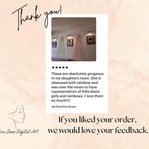 May include: A customer review graphic featuring the text Thank you, a five-star rating, and a testimonial about rainbow and girl-themed wall art. The image includes the text Erica Jane Digital Art and If you liked your order, we would love your feedback.