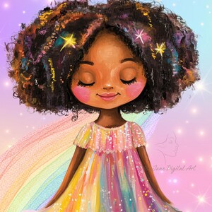 May include: A digital illustration of a child with dark, curly hair adorned with glowing stars, wearing a multi-colored, vertically striped dress. The background features a pastel rainbow, soft pink clouds, and sparkling light effects with the text Erica Jane Digital Art.