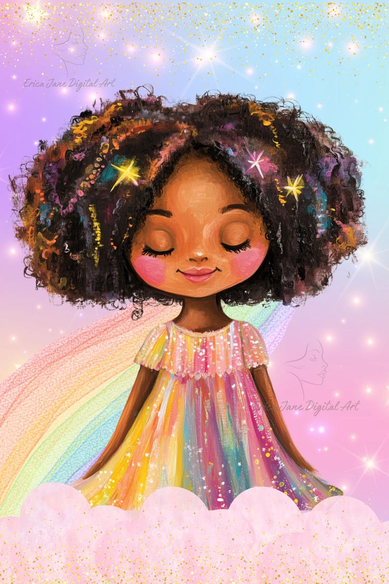 May include: A digital illustration of a child with dark, curly hair adorned with glowing stars, wearing a multi-colored, vertically striped dress. The background features a pastel rainbow, soft pink clouds, and sparkling light effects with the text Erica Jane Digital Art.