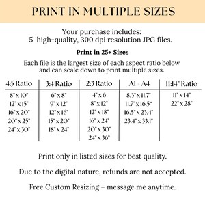 May include: An informational chart titled PRINT IN MULTIPLE SIZES detailing five high-quality 300 dpi JPG files available in various aspect ratios including 4:5, 3:4, 2:3, A1-A4, and 11:14, with specific dimensions in inches listed for each category.