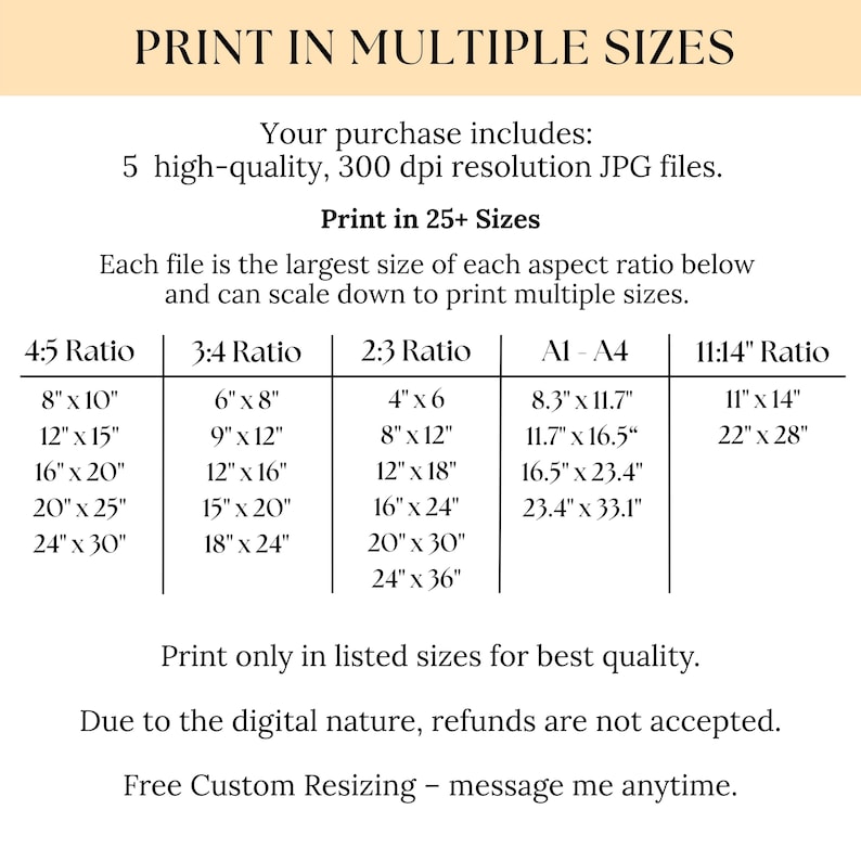 May include: An informational chart titled PRINT IN MULTIPLE SIZES detailing five high-quality 300 dpi JPG files available in various aspect ratios including 4:5, 3:4, 2:3, A1-A4, and 11:14, with specific dimensions in inches listed for each category.