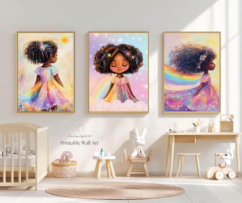 May include: Three framed wall art prints featuring illustrations of a young person with dark curly hair wearing a rainbow-colored dress. The artwork displays vibrant pastel colors, rainbows, stars, and clouds, with the text Erica Jane Digital Art.