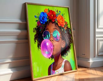 Black Girl Printable Wall Art, Empowering Nursery Wall Art, Floral Crown Bubble Gum Print, African American Kid Room Decor, Digital Download