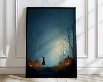 Cute Witch Halloween Wall Art, Pumpkin Trail Full Moon Printable, Fall Witch Decor for Kids Room or Nursery
