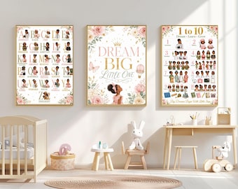 Black Girl Nursery Wall Art Bundle, Career Dreams Alphabet, Numbers 1-10, Dream Big Little One, Baby Girl Printable Decor
